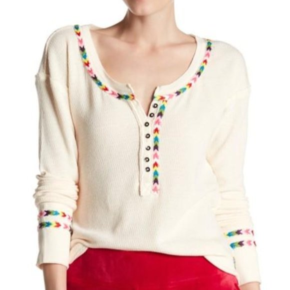 Free People Tops - Free People Embroidered Thermal Henley Shirt